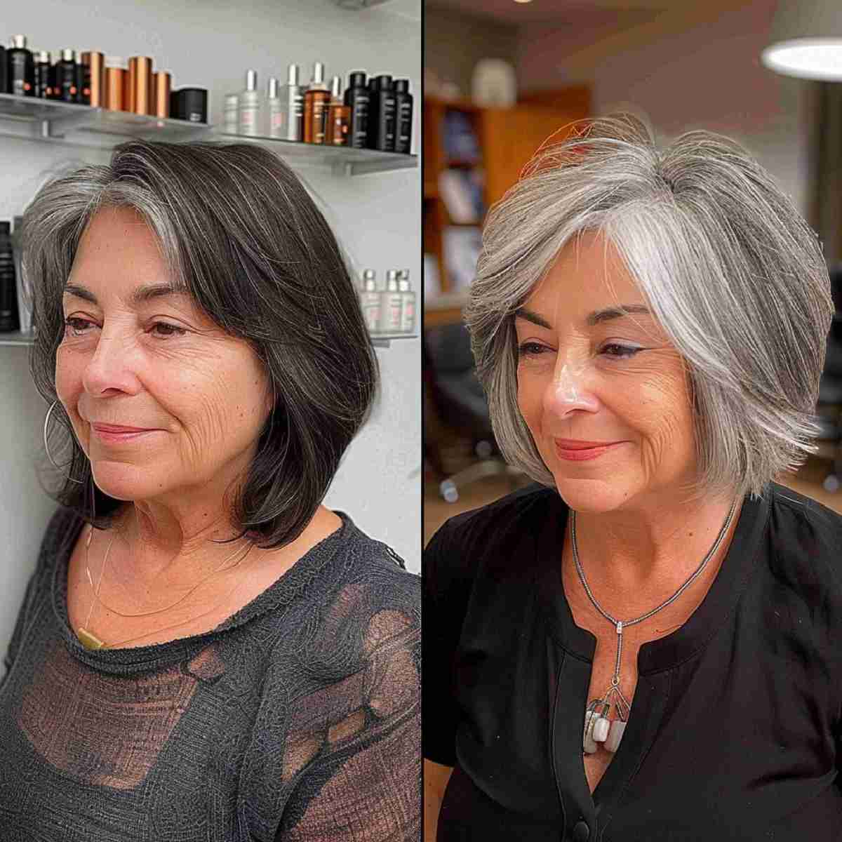 Woman in 60s with short layered inverted bob in natural grey