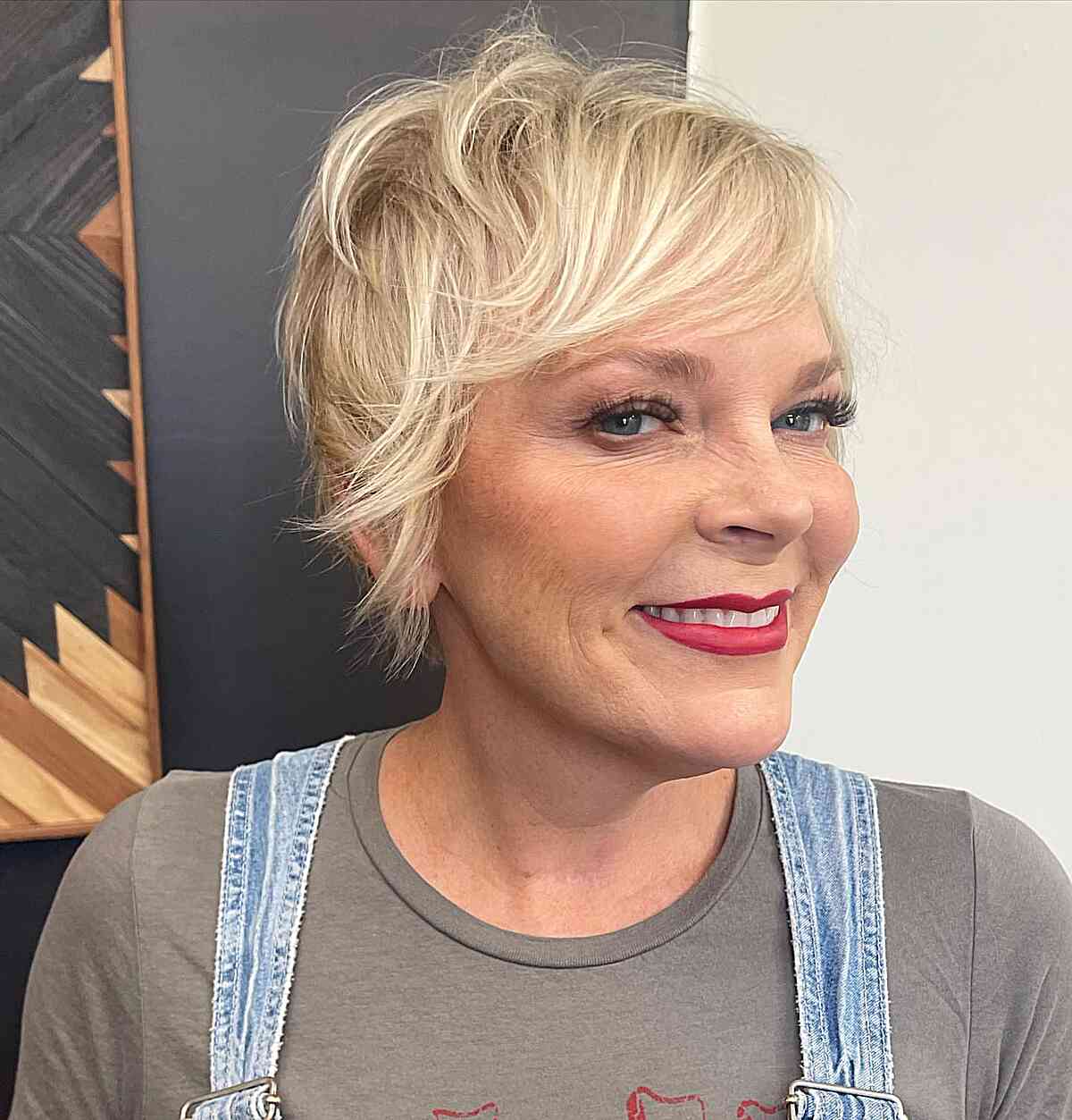 Short-Length Blonde Shaggy Bixie with Side Bangs for Mature Women
