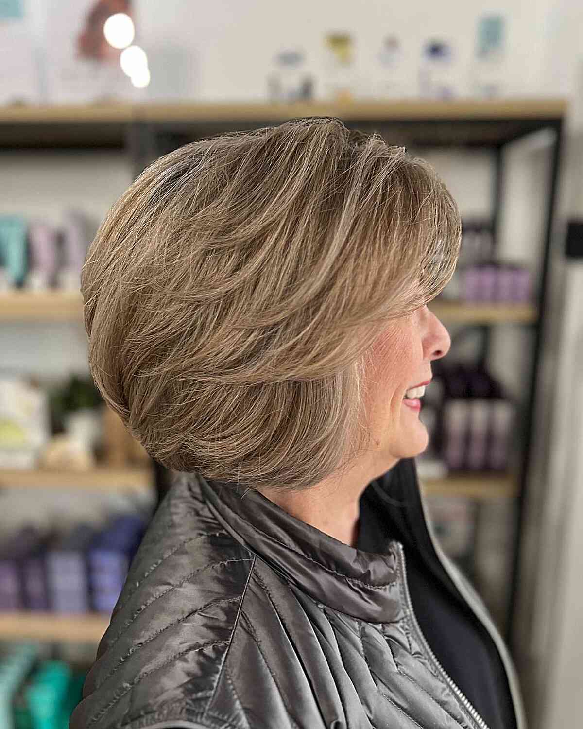 Short-Length Graduated Bob with Feathered Bangs for Ladies Over 60
