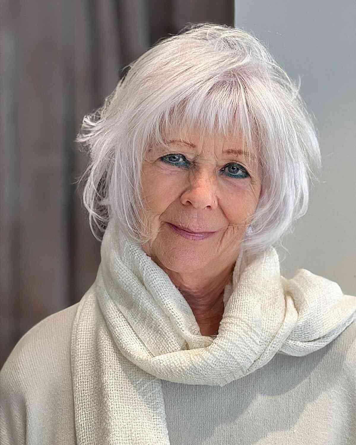 Short-Length Messy Choppy Layers with Micro Bangs for Older Ladies Over 60 with White hair