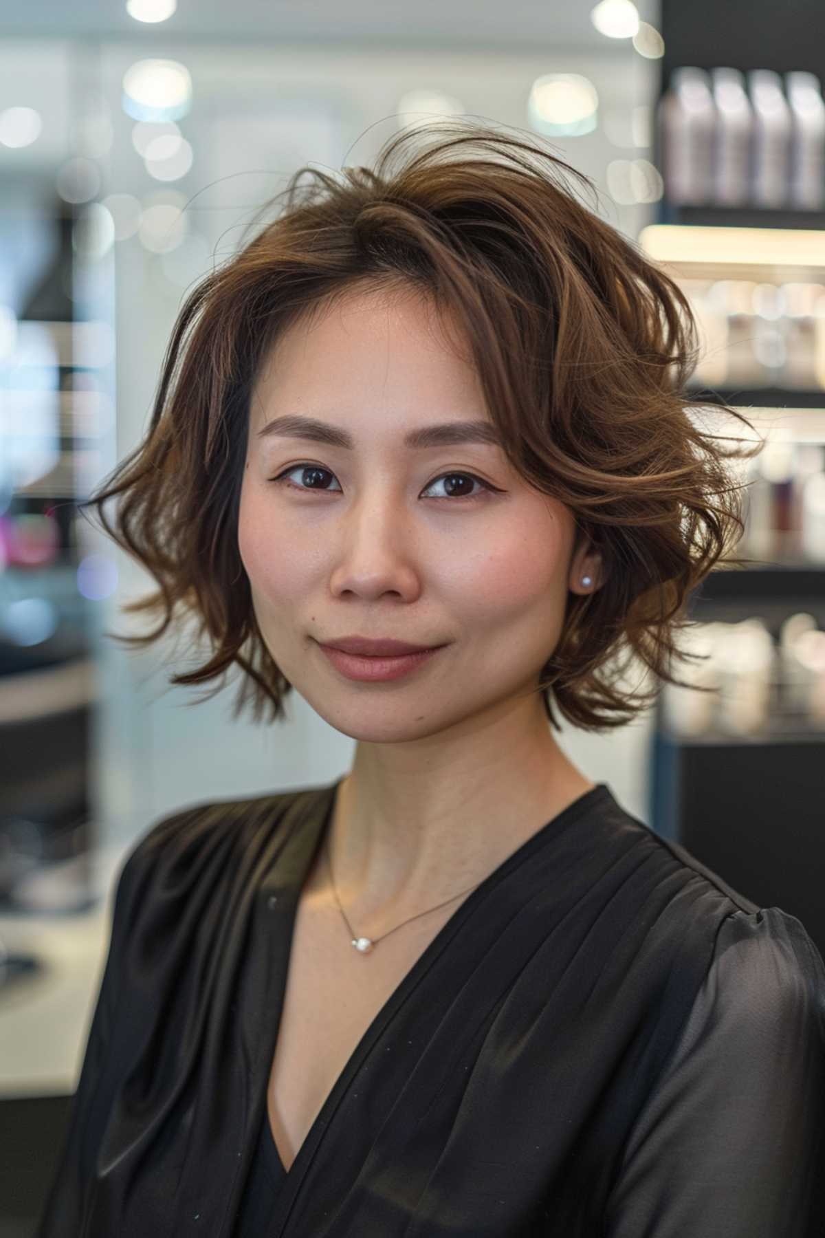 Short-length shaggy Chinese bob with choppy layers for thick, wavy hair