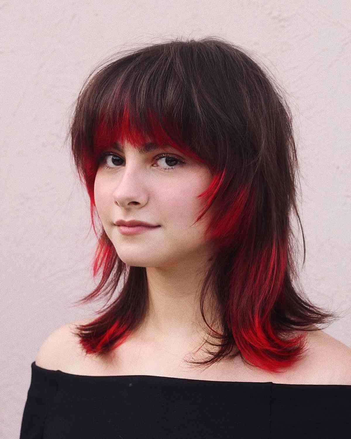 Short Medium Brunette Layers and Bangs with Red Accents