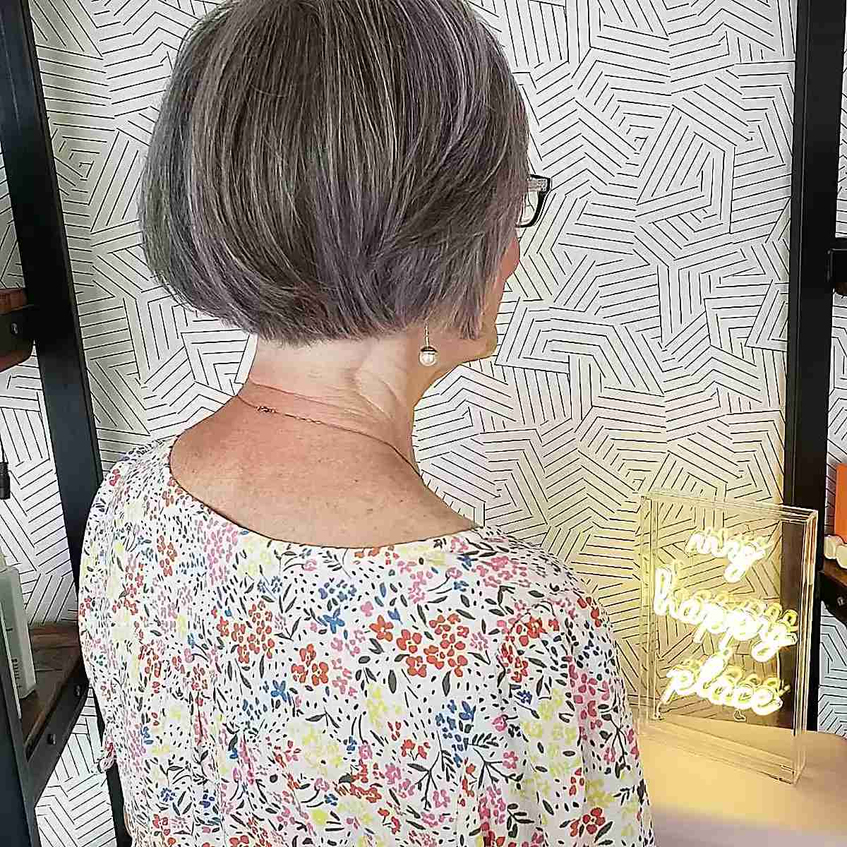 Short Mini Bob with Eye-Length Bangs for Gray Hair with Specs for 50-Year-Olds