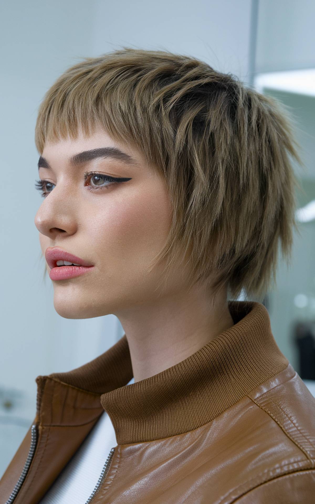 Short mullet haircut with blunt bangs and edgy, jagged layers for a bold, modern look