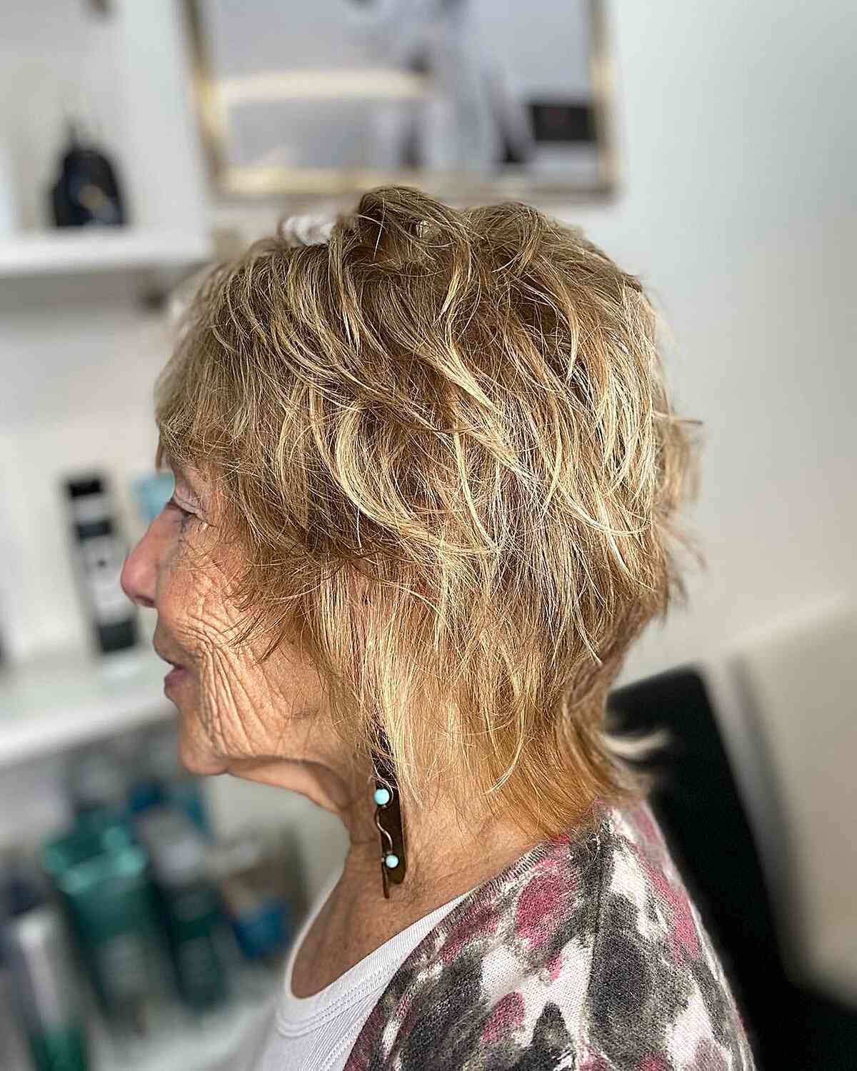 Short Mullet Shag with Tousled Choppy Layers and Golden Blonde Color for Seniors Over 60