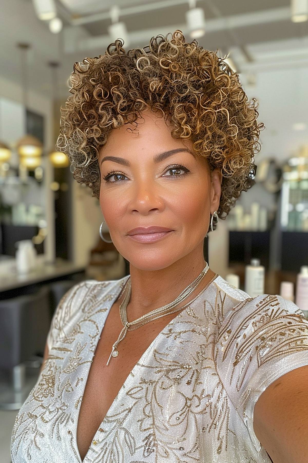 Short natural curly hairstyle with golden highlights for Black women over 50