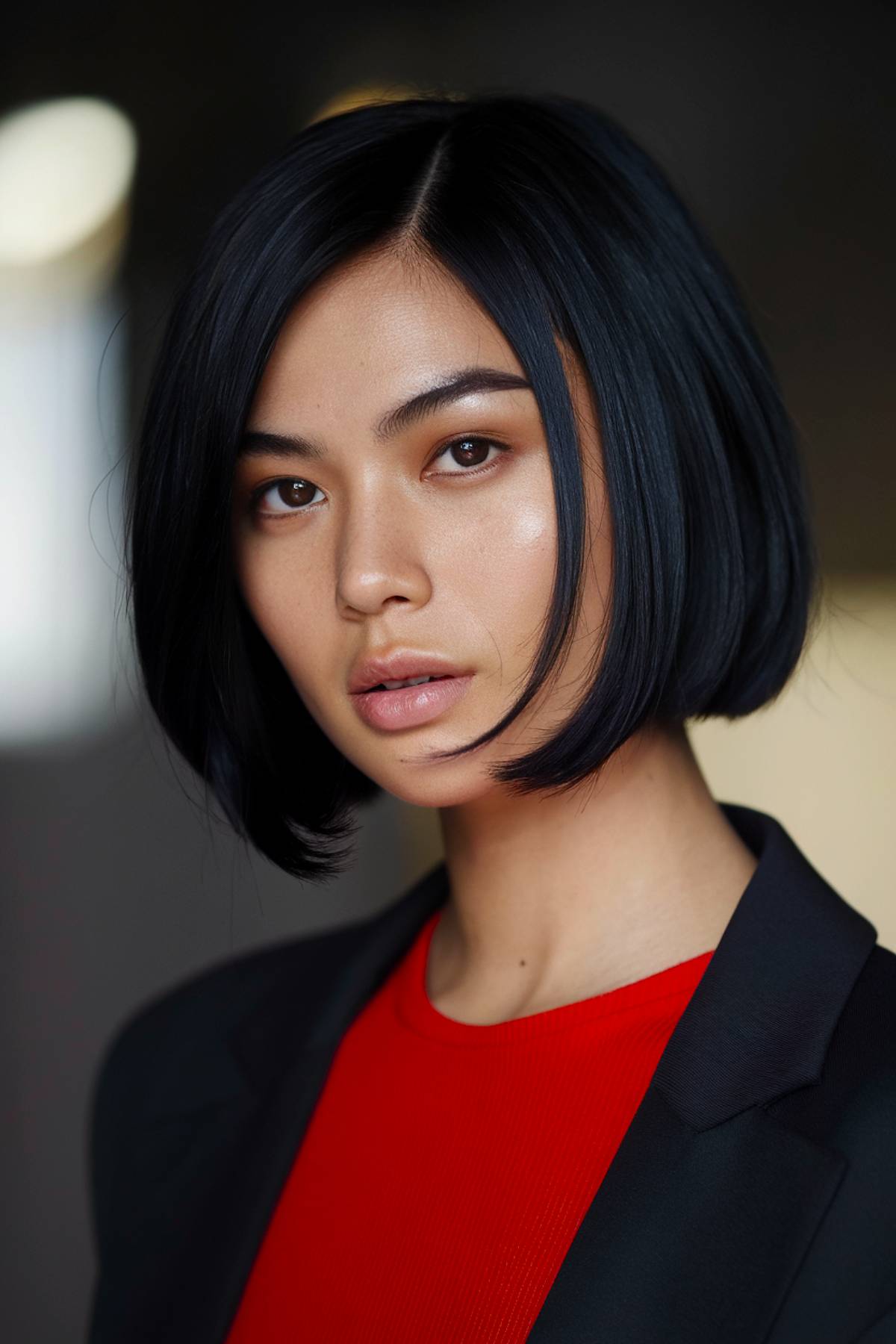 Short dark bob with an ultra-sleek, high-gloss finish for a sophisticated look