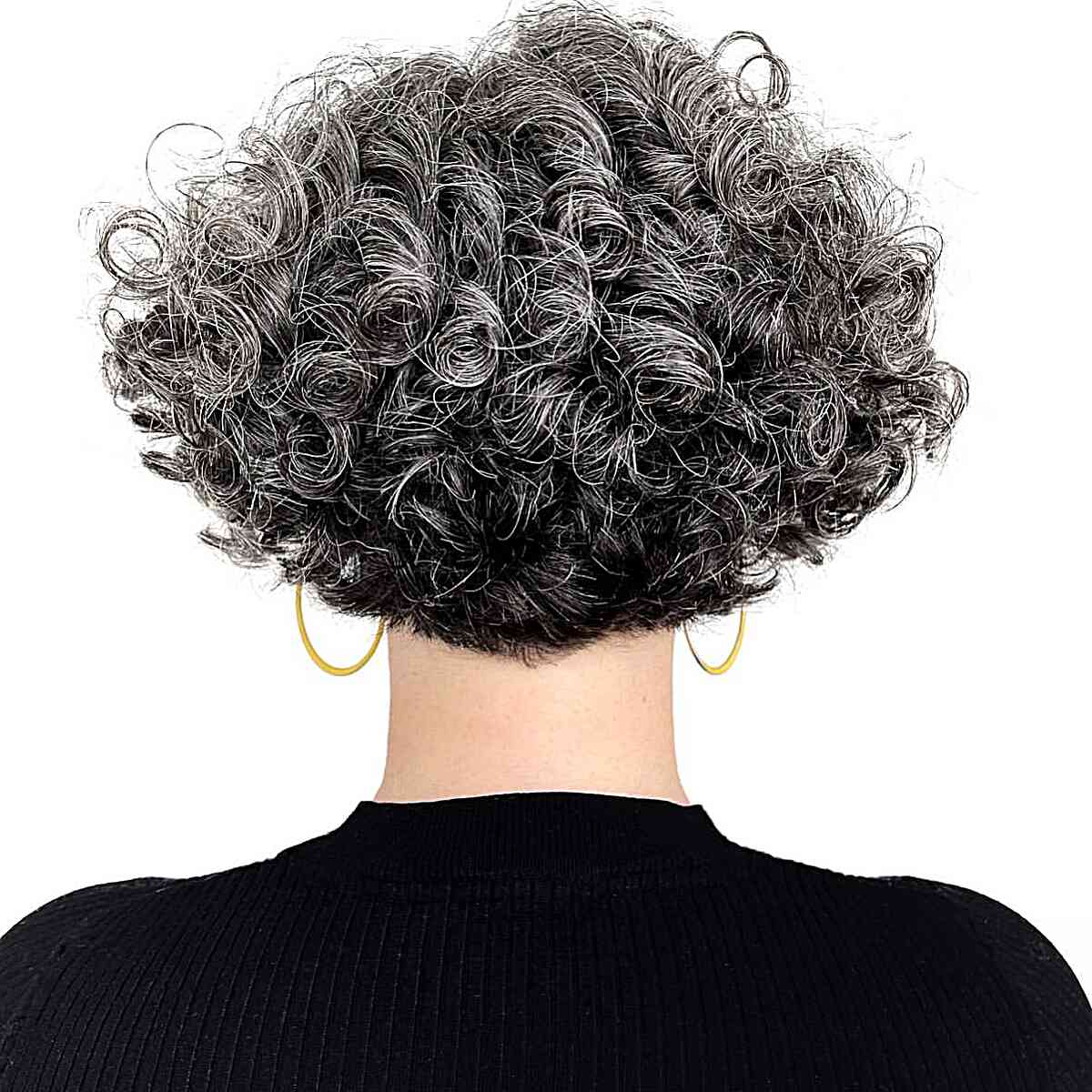 Short One-Length Curly Graduated Bob Cut for women with natural salt and pepper hair