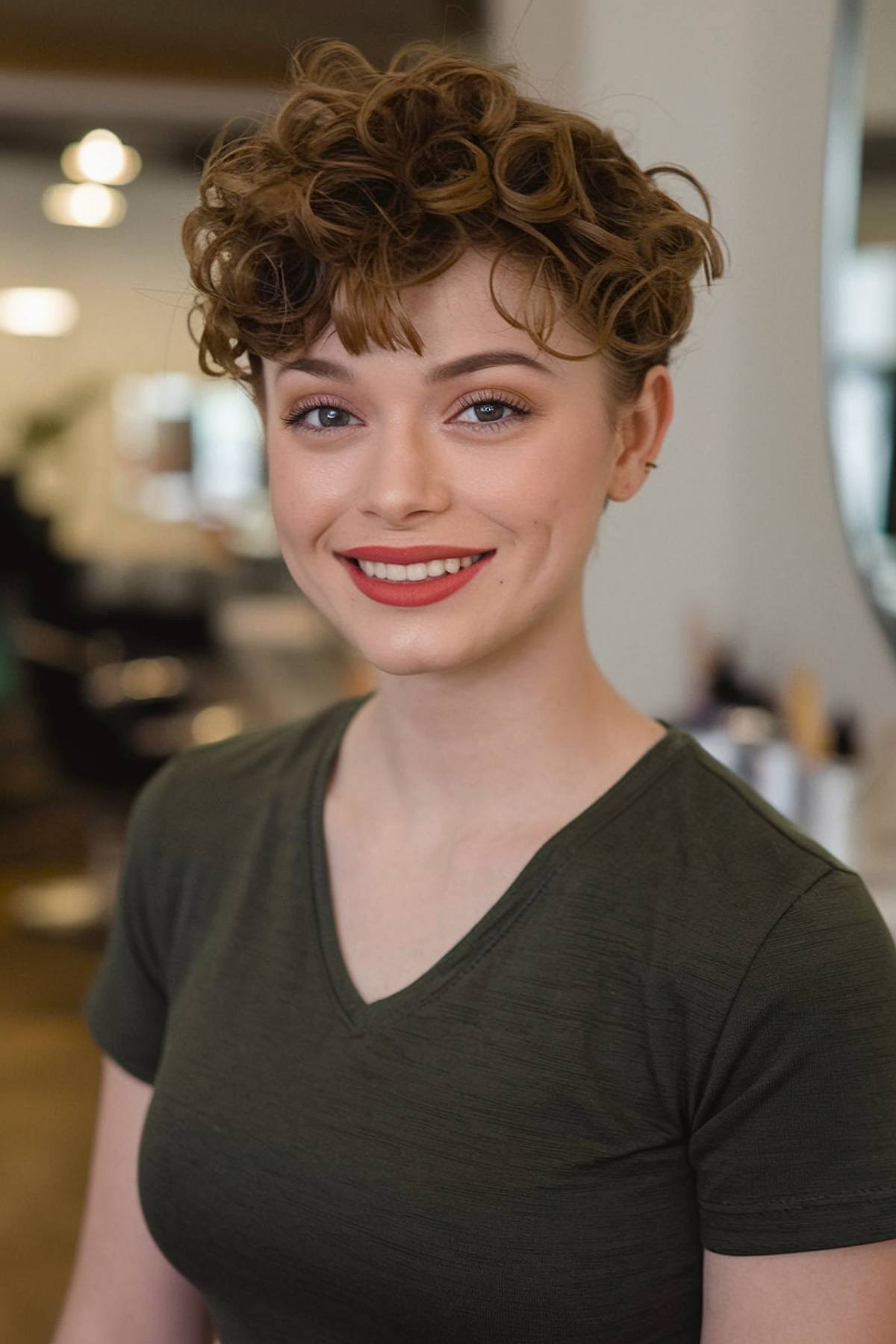 Bouncy, permed pixie cut with tight curls for a playful, voluminous style