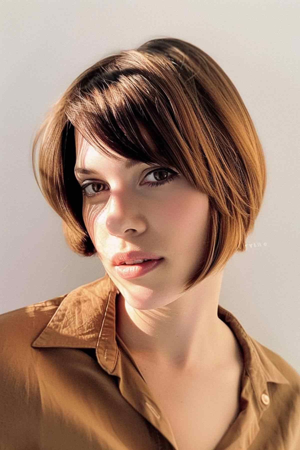 Woman with a short pixie bob and asymmetrical bangs, looking contemporary and chic.