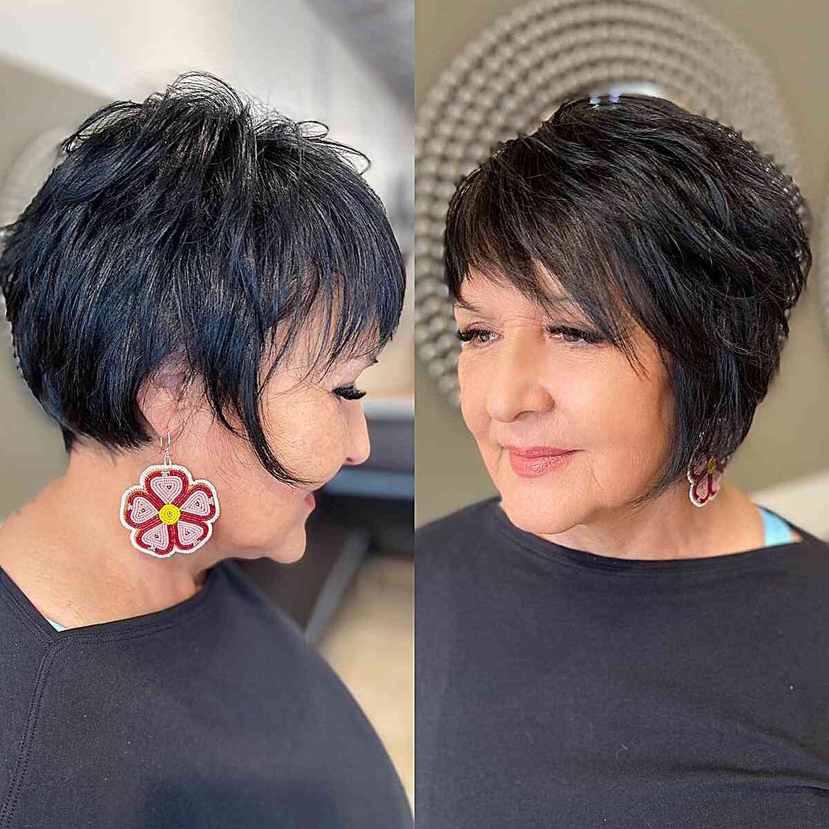 Short Pixie Bob with Choppy Bangs for Older Women Aged 60 with Round Faces