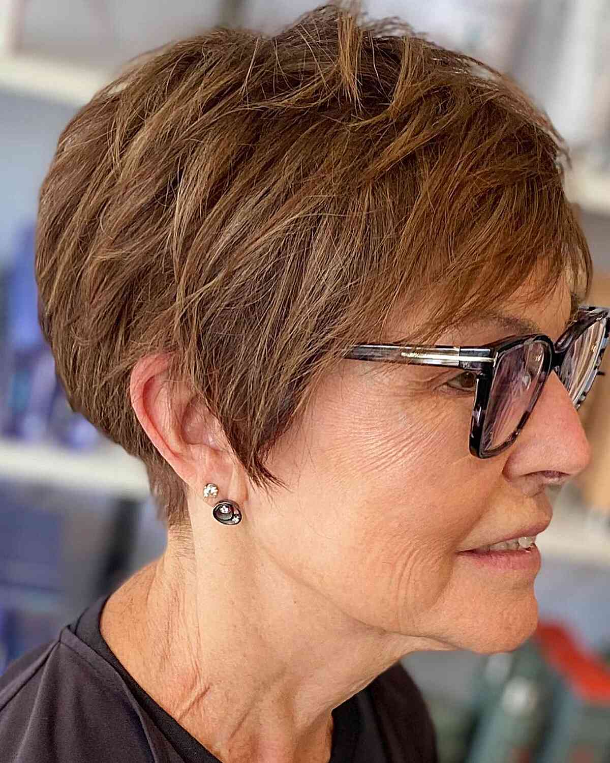 Short Pixie Bob with Highlights for Ladies Aged 50 with Eyeglasses