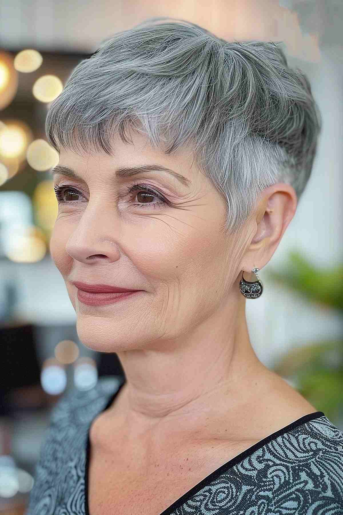 Short pixie cut on gray hair for older women with soft layers and short bangs.