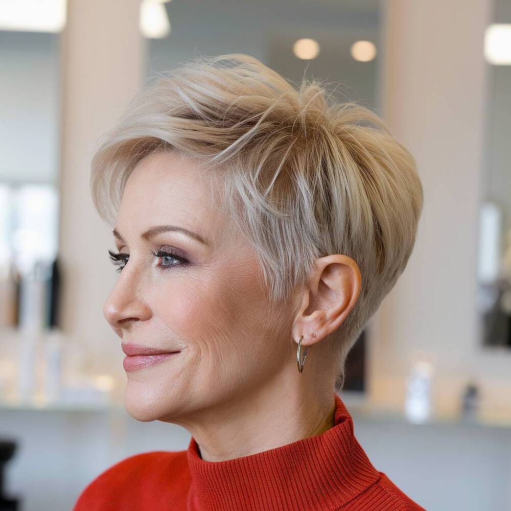 Short pixie cut with volume, an easy-to-style, modern haircut for women over 60