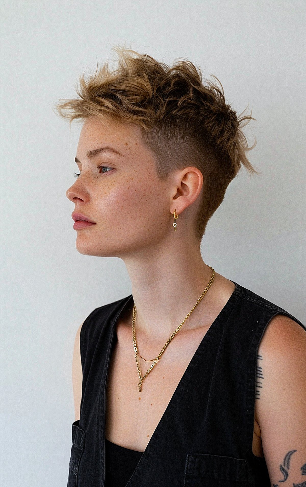 Short pixie cut with shaved sides and textured top for fine hair