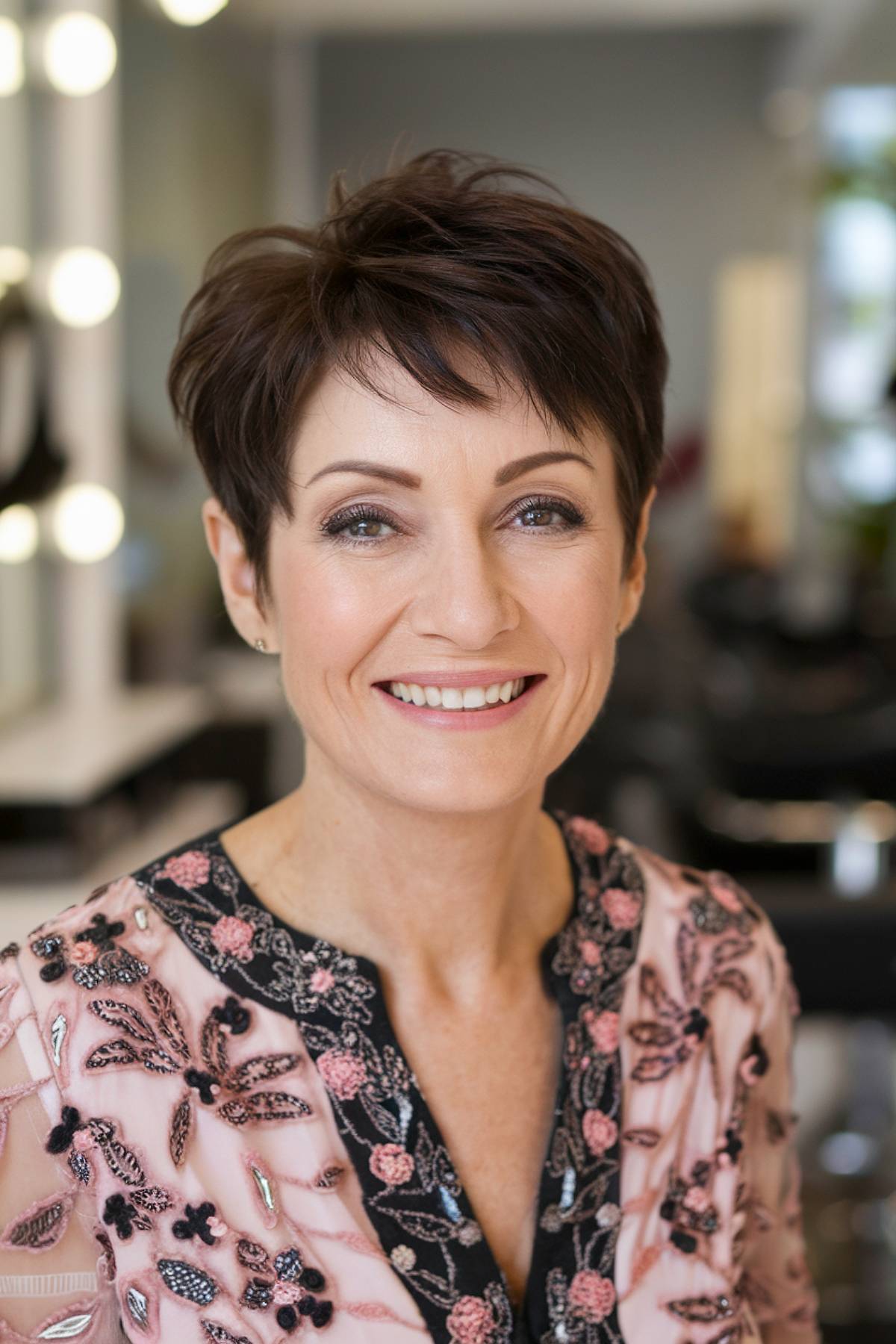 Soft, feathered short pixie for women over 50, designed for easy styling and elegance