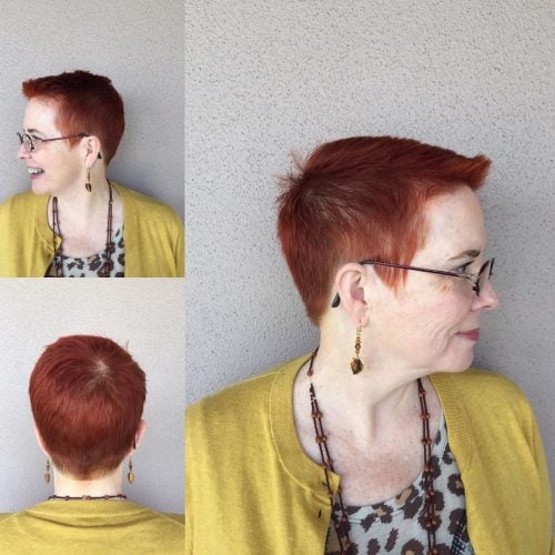 Short pixie cut for someone in their 50s wearing eyeglasses