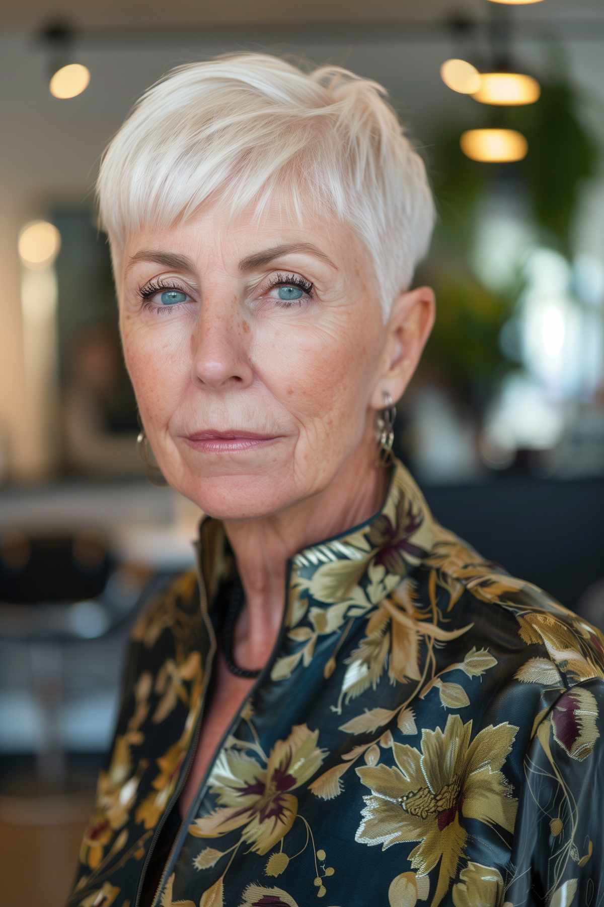 Older woman with a short pixie haircut and side-swept fringe