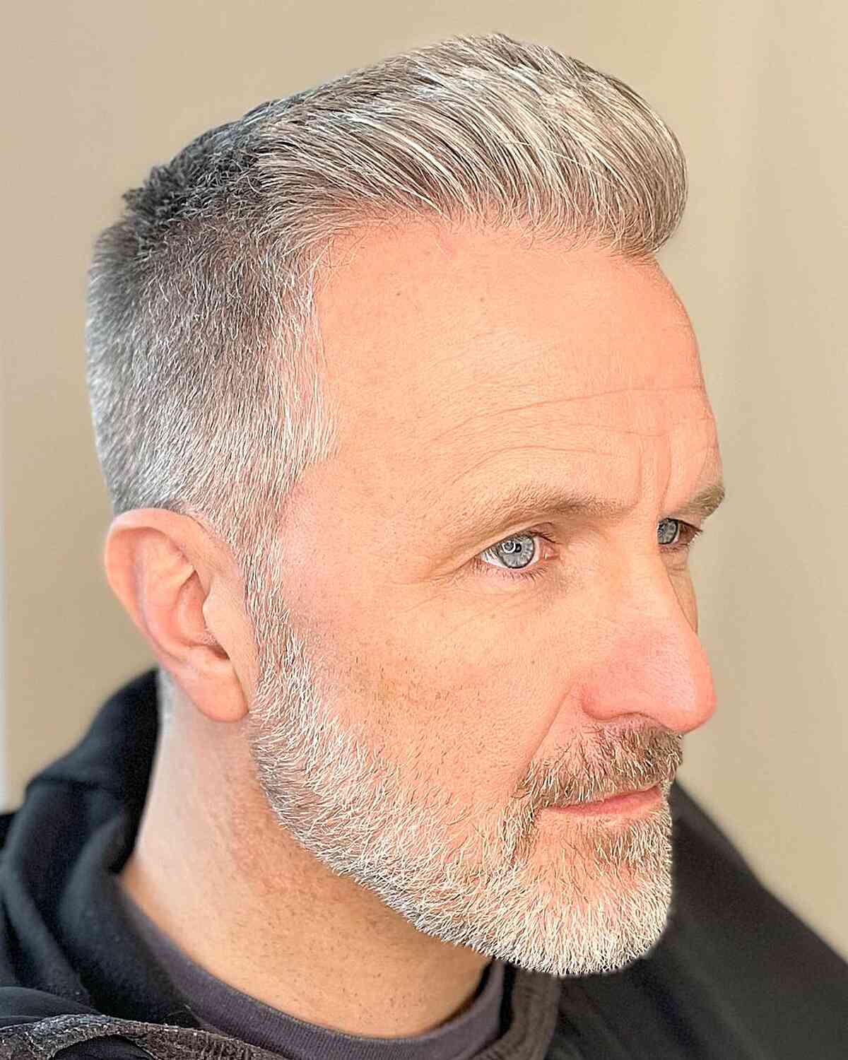 Short Pompadour Crew Cut for Older Men with a Large Forehead and Grey Hair