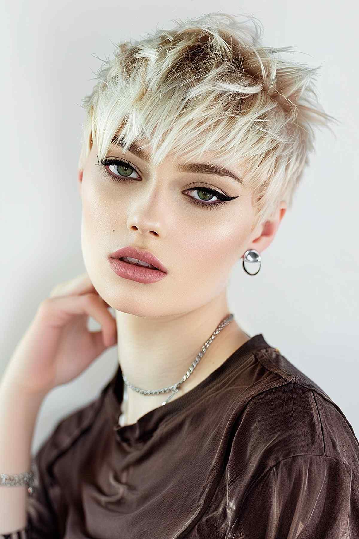 Short punk pixie cut with dramatic bangs in platinum blonde, showcasing a layered style that adds volume and a bold yet feminine look.