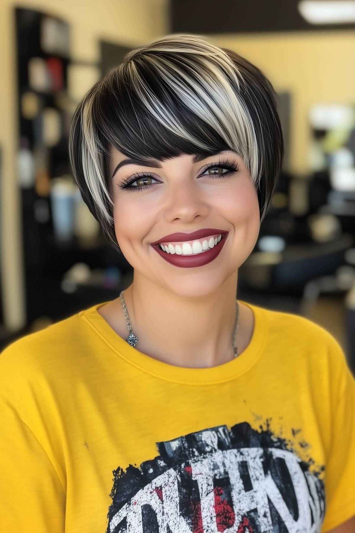 quirky bob hairstyles with a sleek, rounded cut, bold black and platinum blonde color contrast, and thick bangs