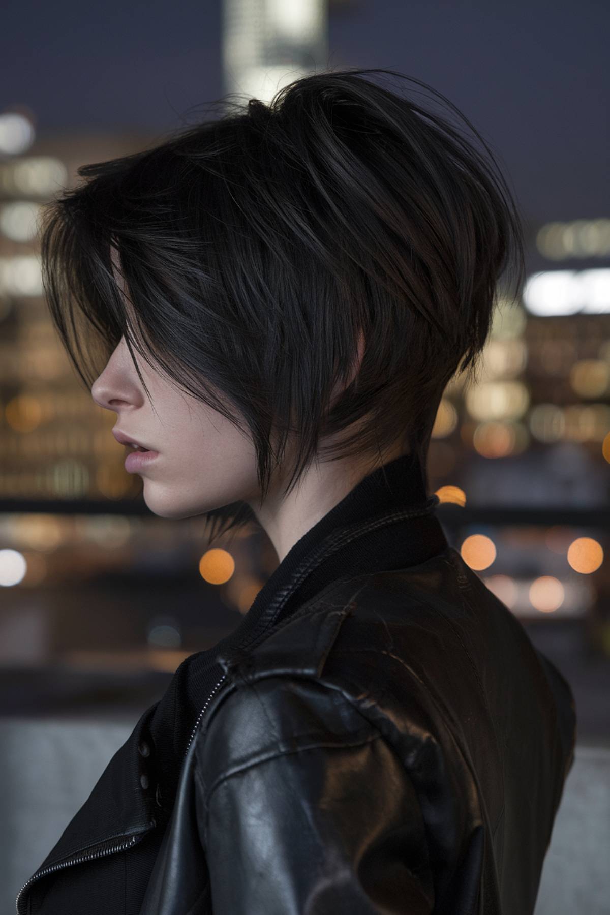 Edgy raven-black short hair with choppy layers for a bold and dramatic finish