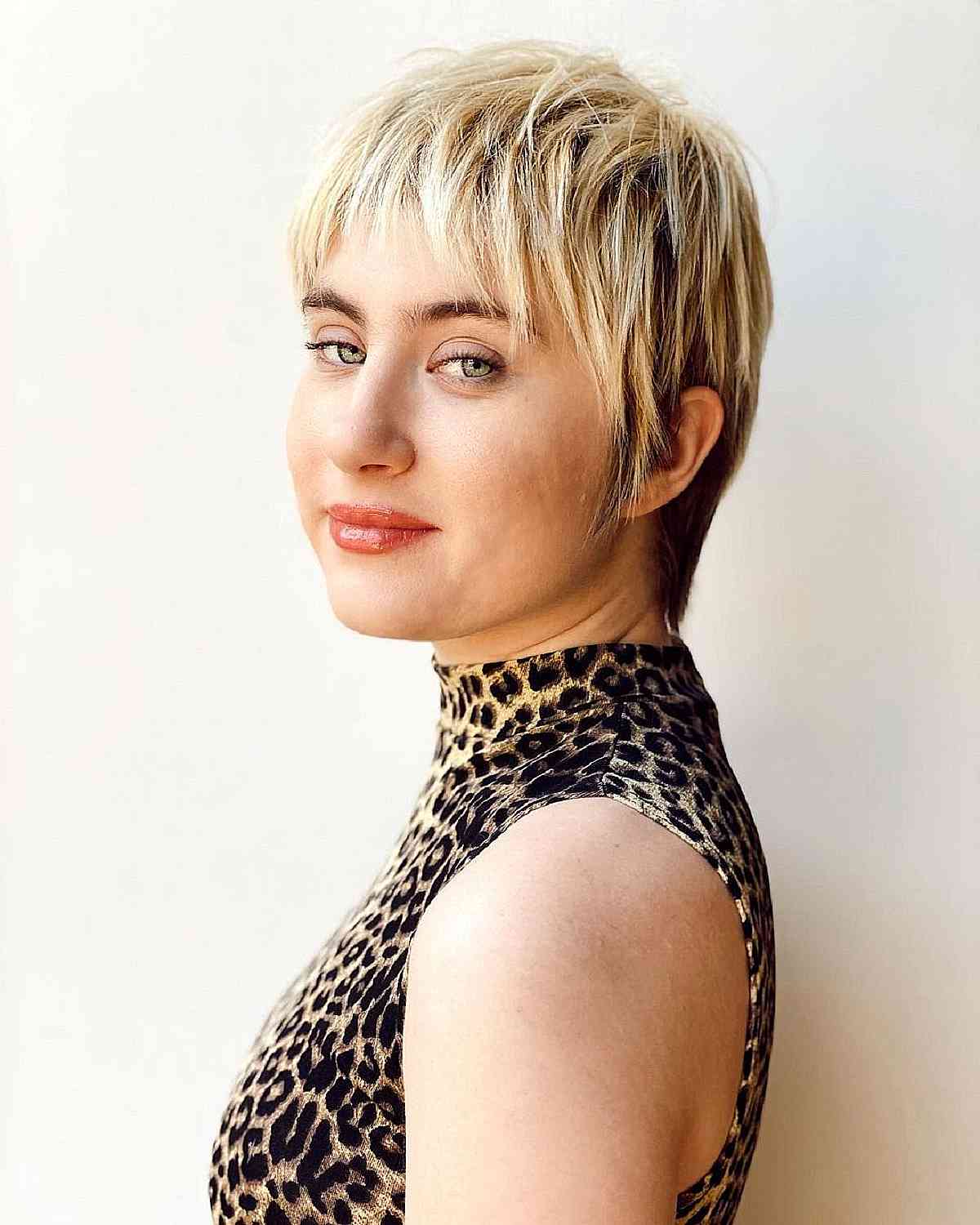 Short Razored Pixie Cut with Wispy Bangs for Round Faces