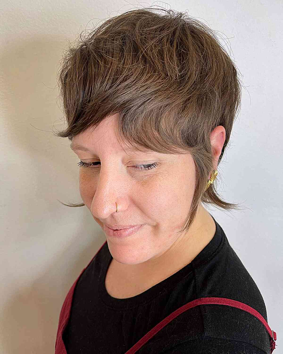 Short Razored, Winged Pixie Shag with Bangs and Long Sides