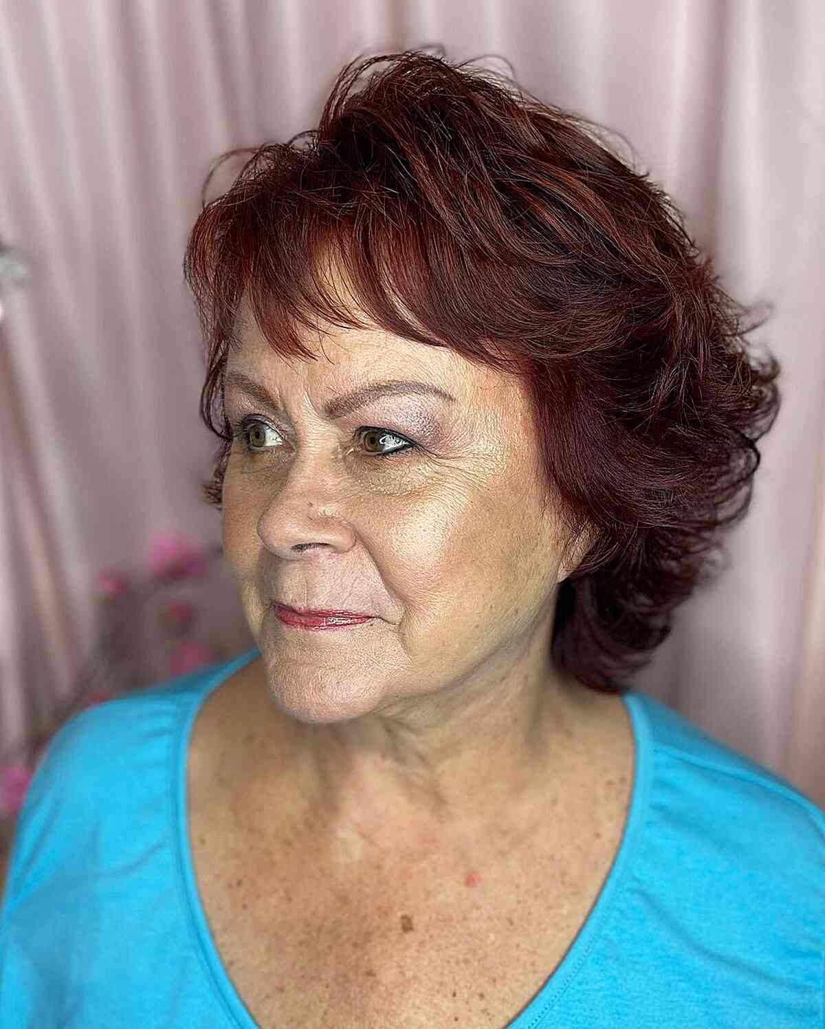 Short Red Blowout Shag for Thick Hair on Senior Women