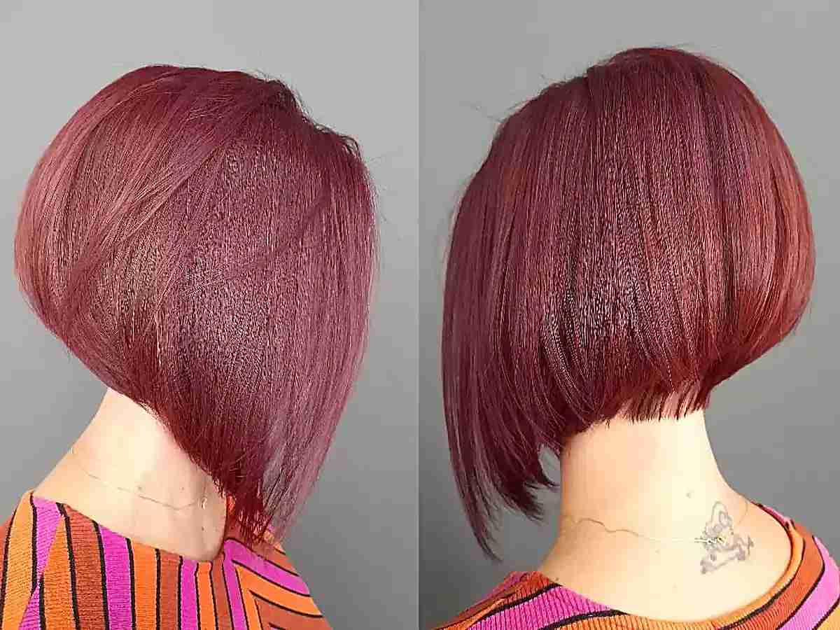 Short, Red, Stacked Inverted Bob with Layers