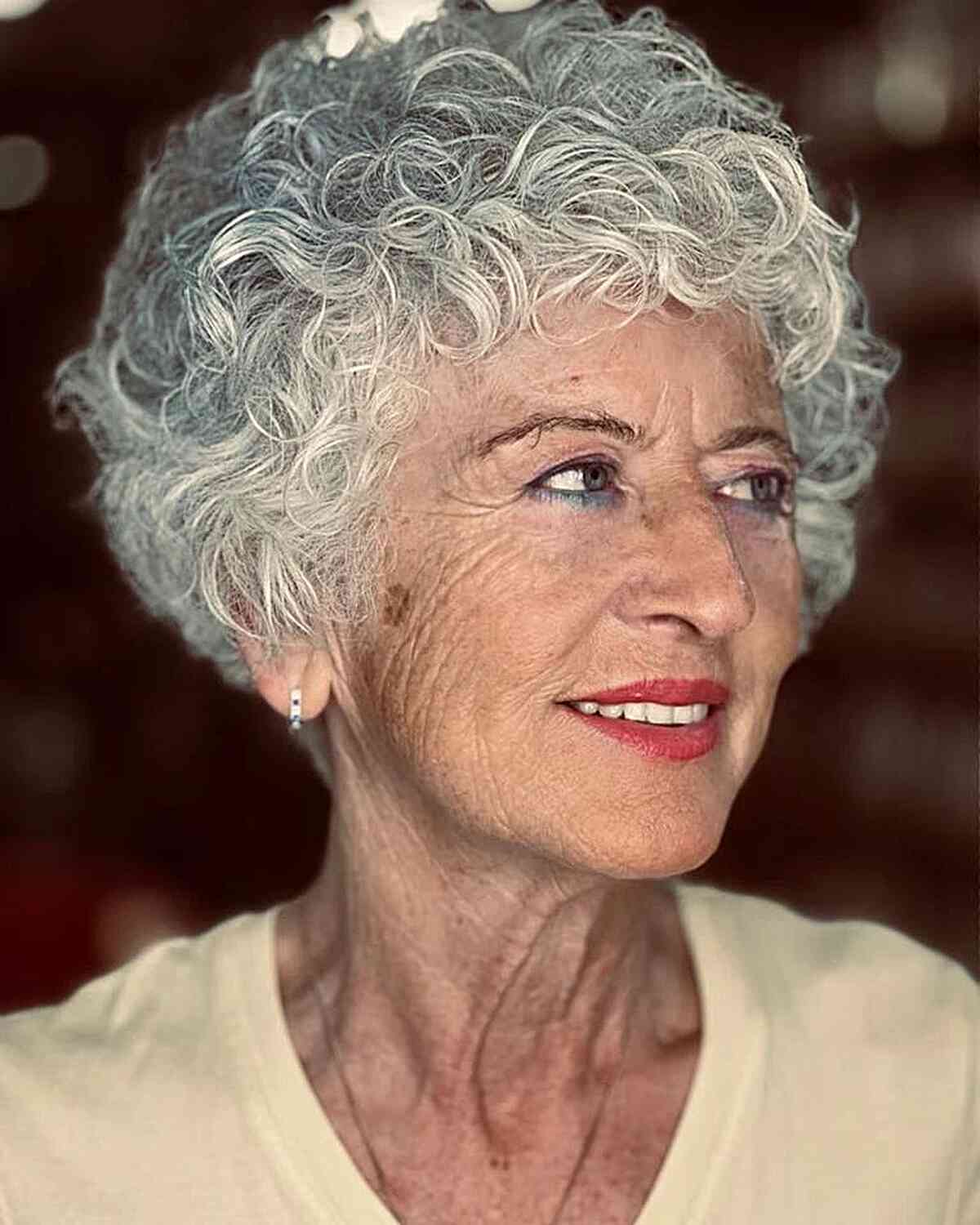 Short Rounded Curly Bob Hairstyle for Ladies Aged 70 with coarse hair
