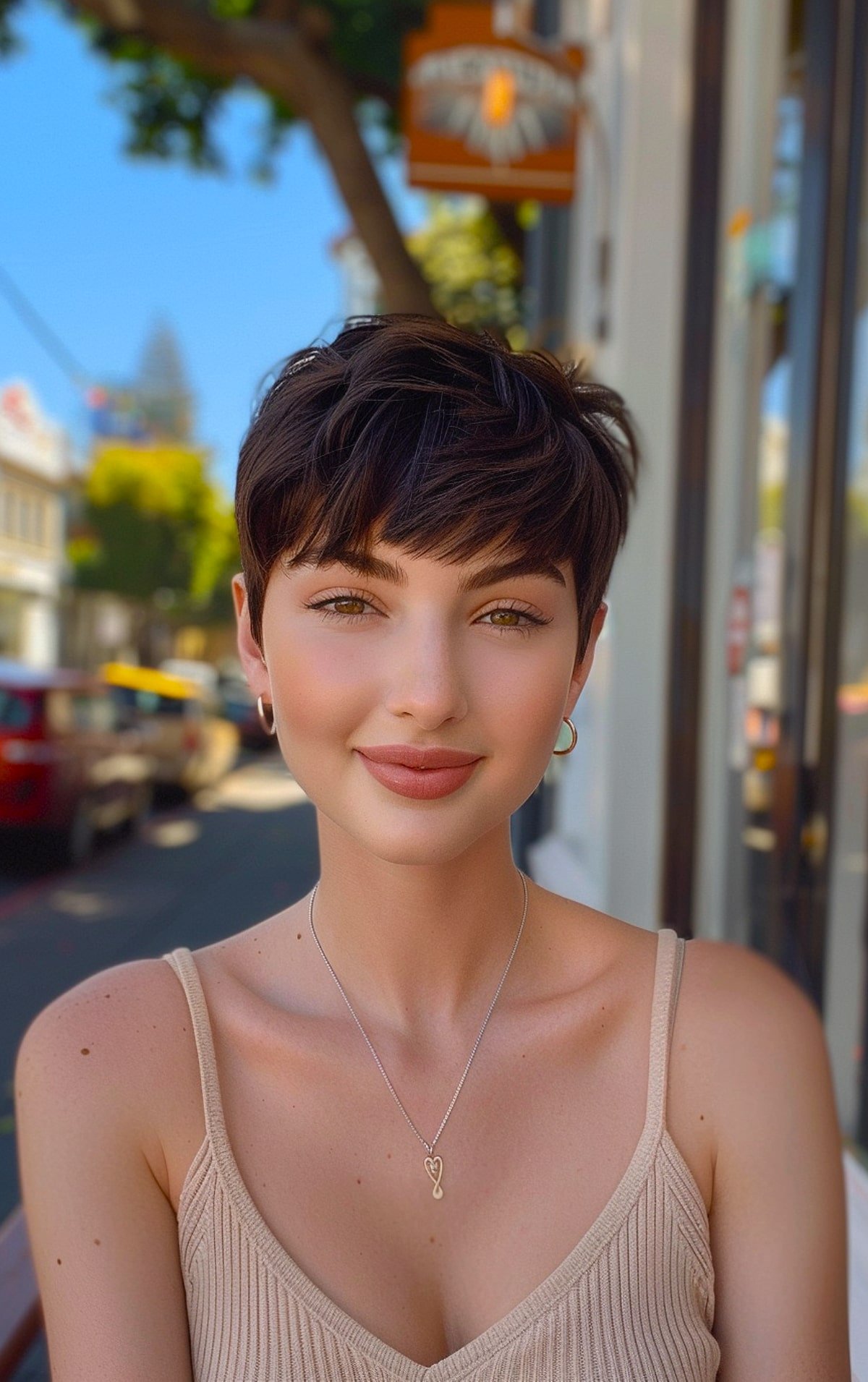 Short brunette pixie cut with long fringe for fine to medium hair