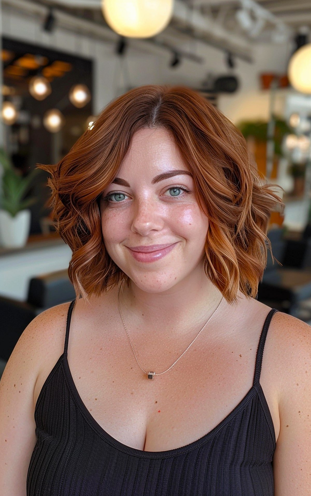 Short wavy bob with middle part and copper color for round faces