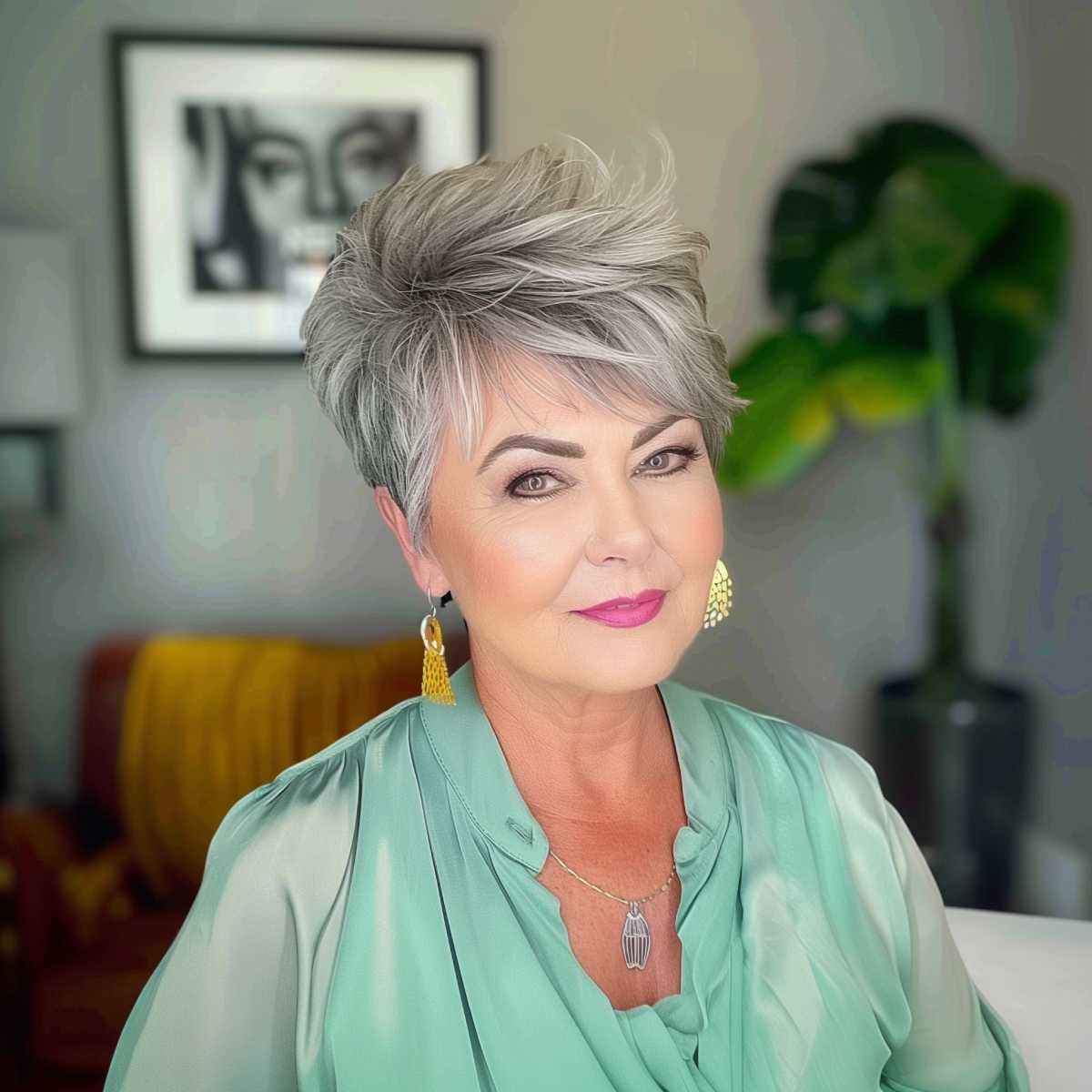 A woman with a short, stylish haircut featuring a voluminous top and soft grey tones.