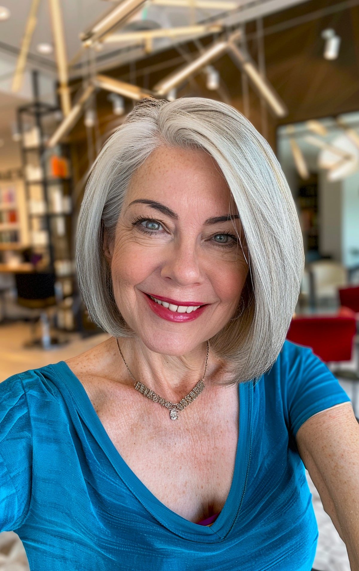 Short, sleek chin-length bob with silver hair for women over 60