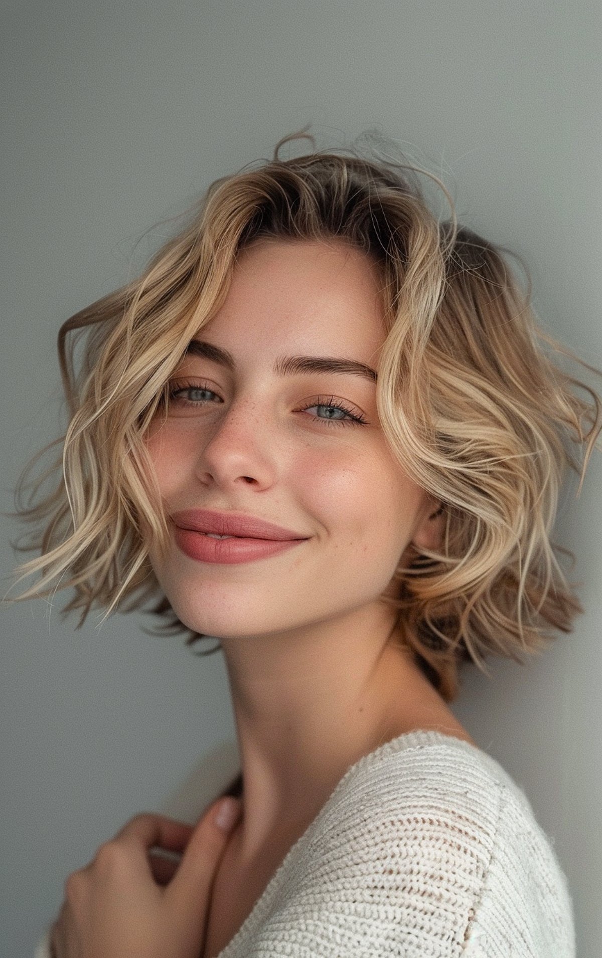 Short messy bob with choppy layers and blonde highlights for fine hair