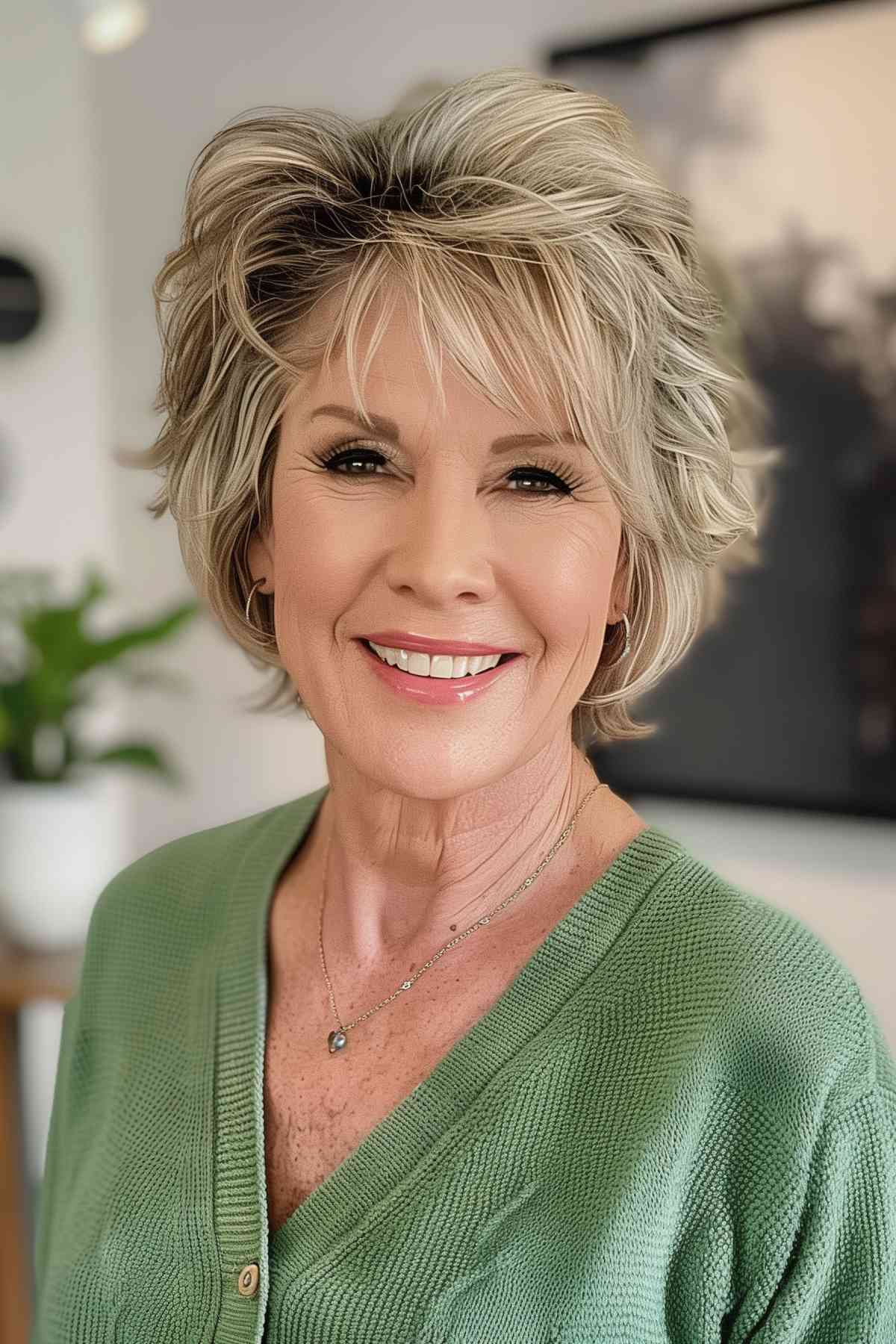 A woman with a short, stylish haircut featuring textured waves and a silver-grey hue.