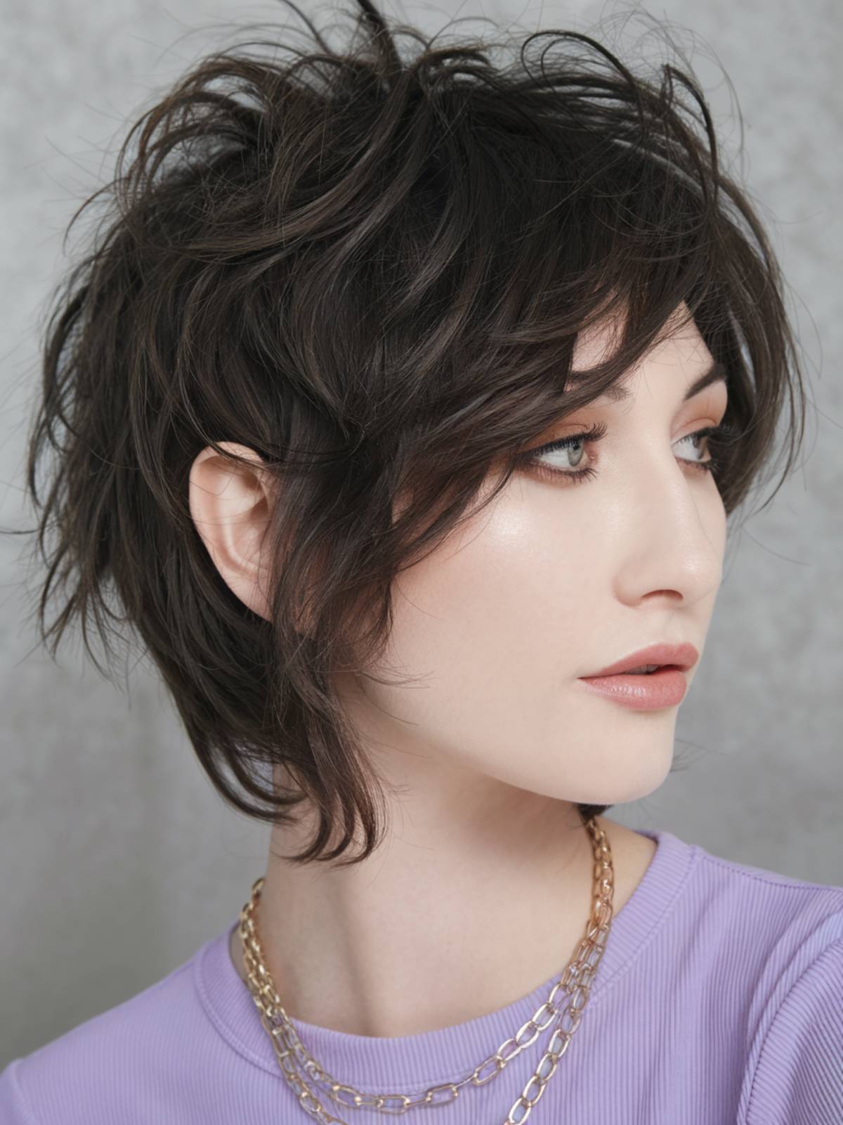 Short shag haircut with curtain bangs