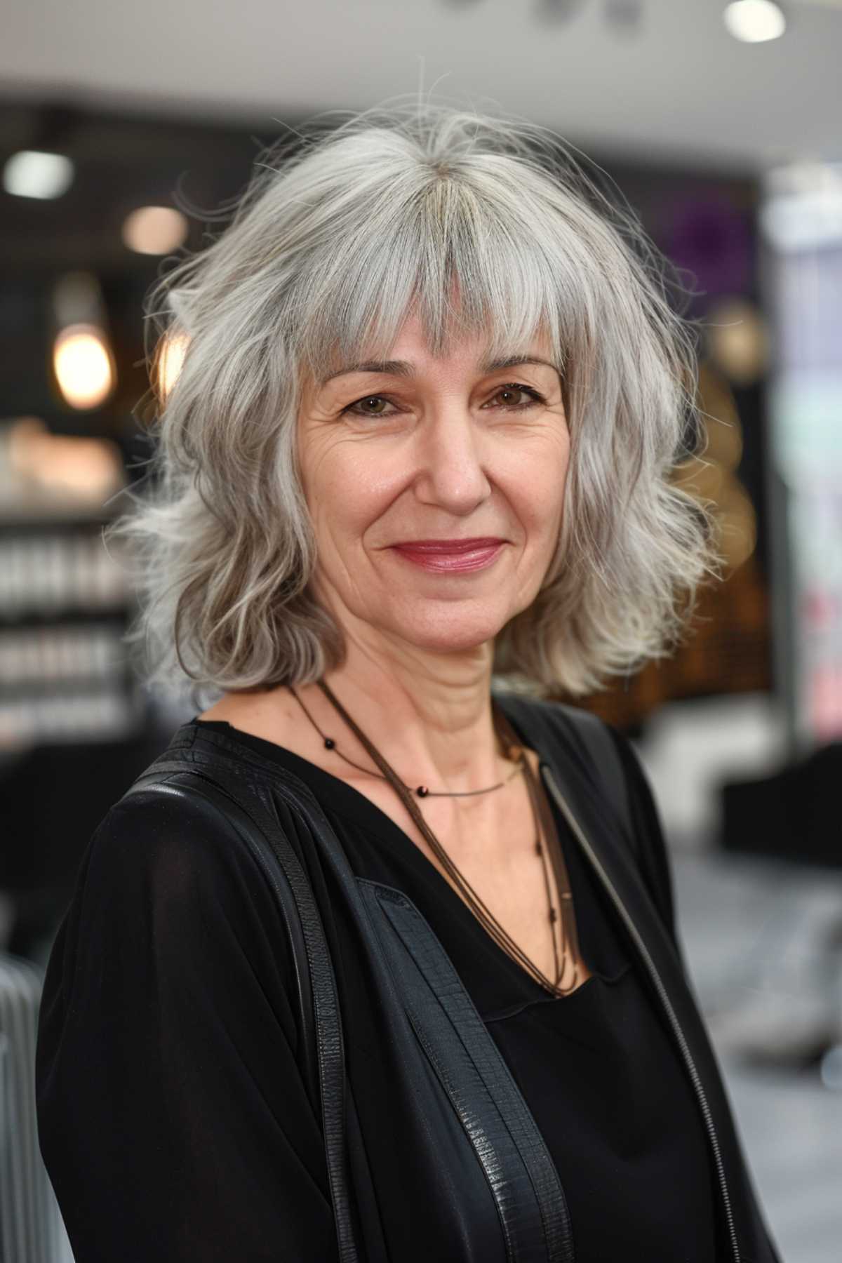 Woman with a short shag haircut and soft fringe, featuring natural gray highlights