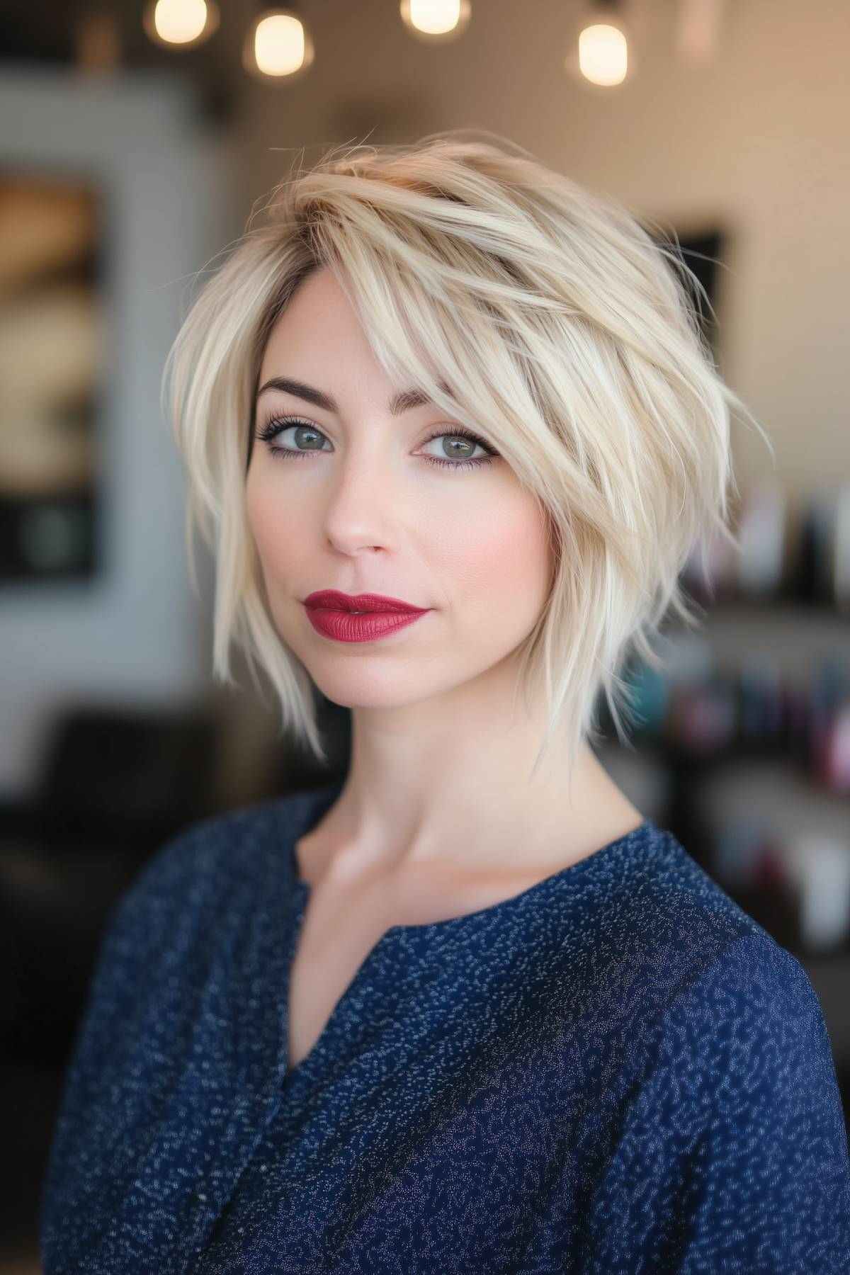 short shaggy bob hairstyles with choppy layers, platinum blonde color, and side-swept bangs