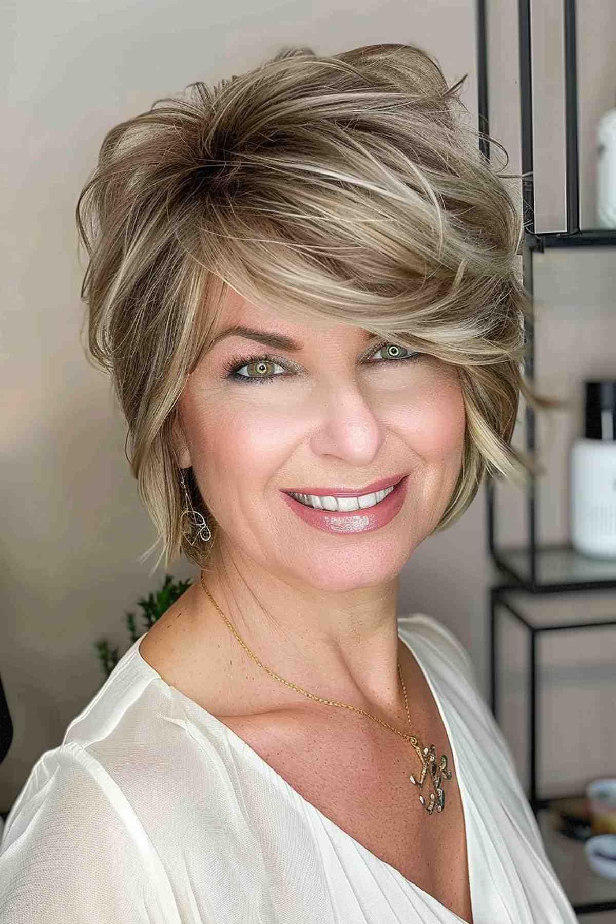 Short shaggy cut with layered texture and a deep side part for added volume