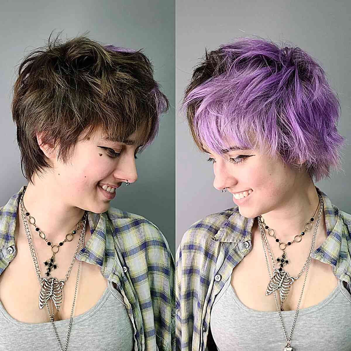 Short shaggy gemini hair color with two tone purple and brown