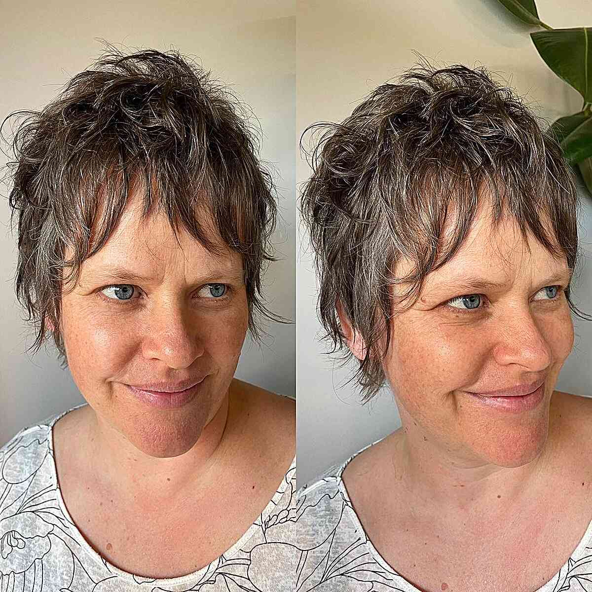 Short Shaggy Layers and Piece-y Bangs on a Long Pixie for Ladies Over 50