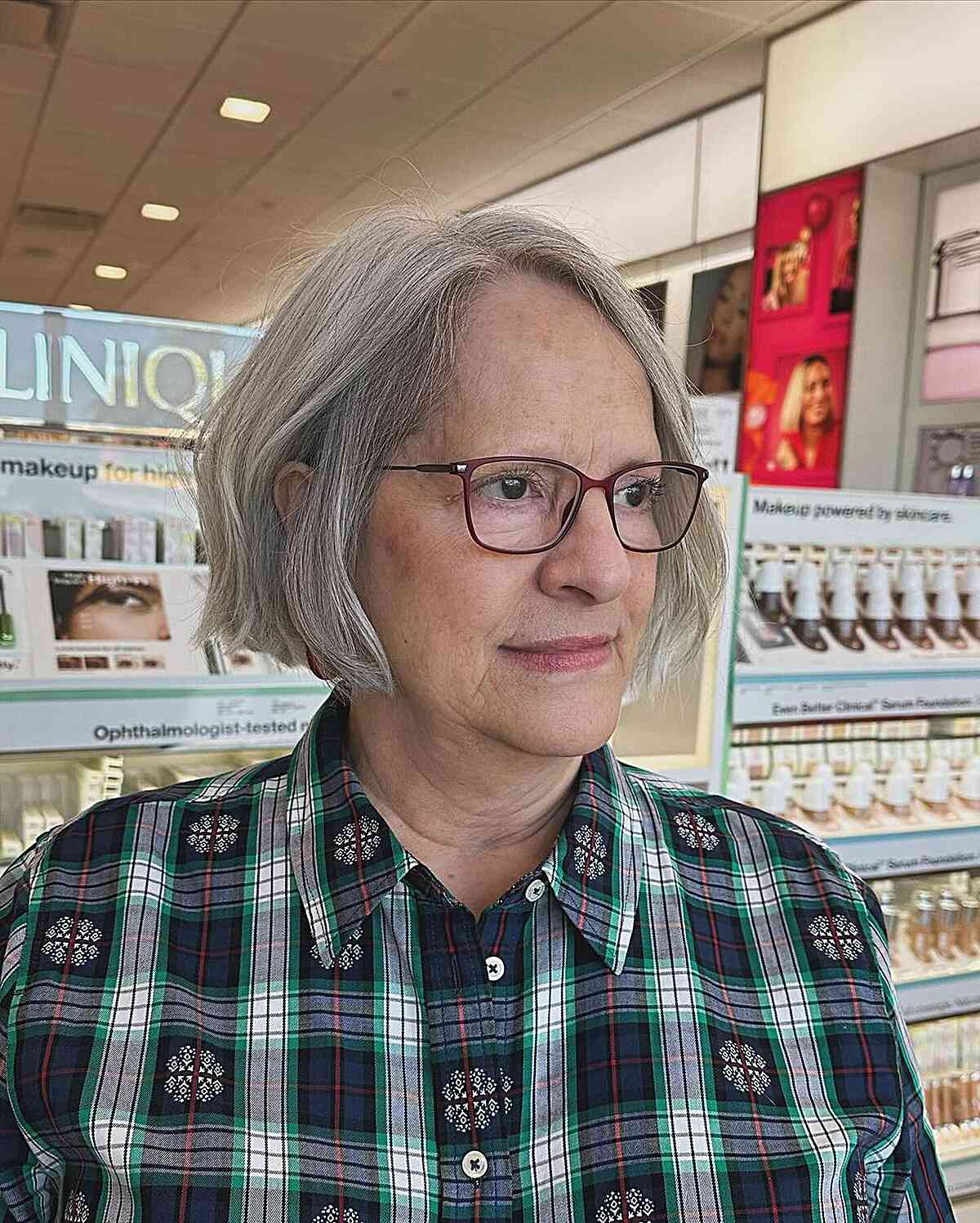 Short Side-Parted Bob for Older Women with Natural Grey Hair