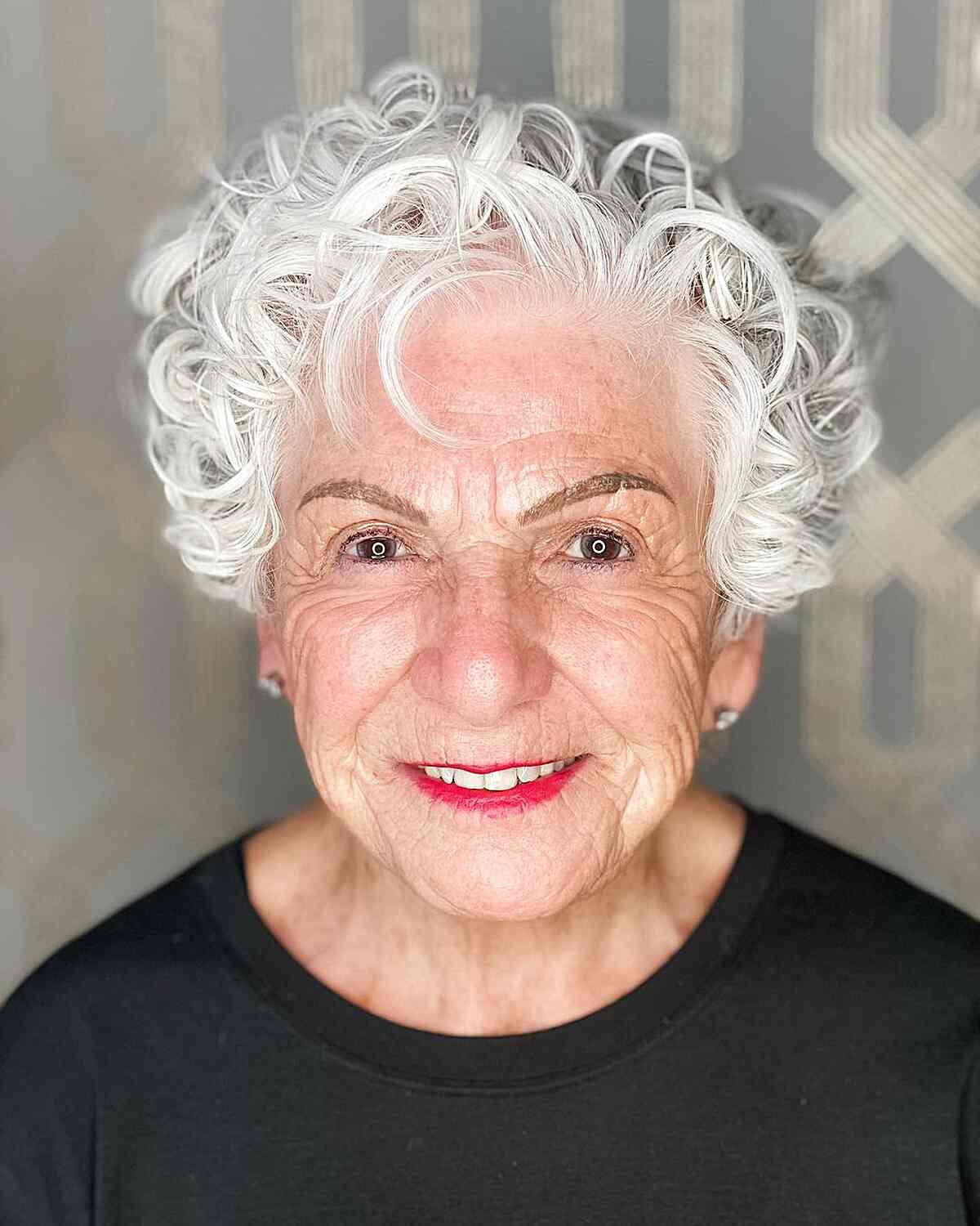 Short Side-Parted White Curly Layered Pixie for Older Women Over 70