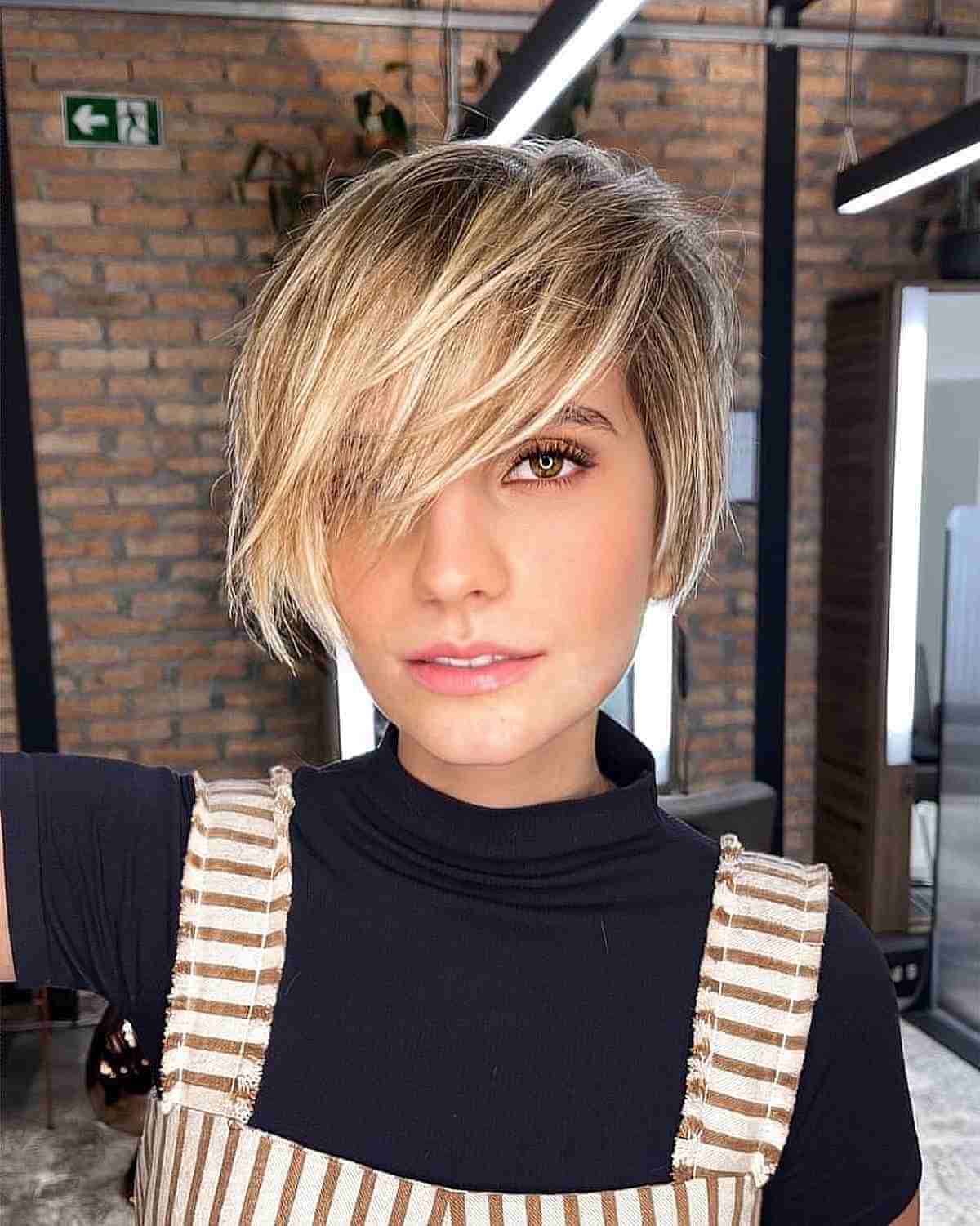 Short Side-Swept Cut with Long Bangs at Jaw-Length