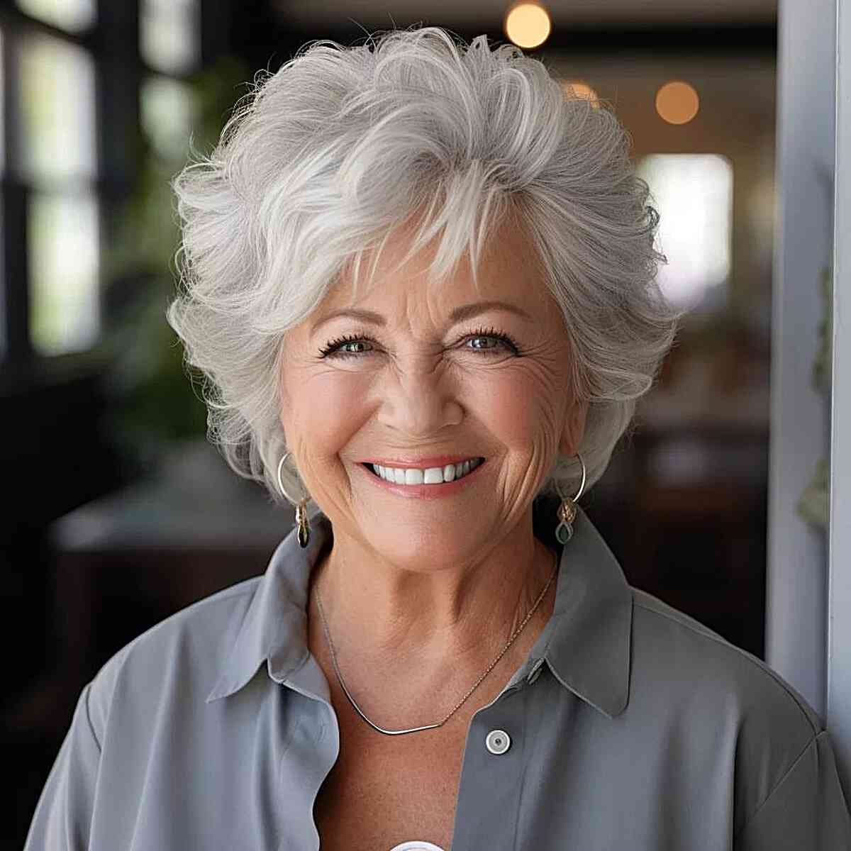 Short Silver Feathery Haircut with Side Fringe for Seniors Over 60 with Rounded Faces
