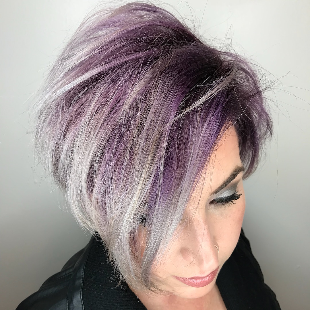 Short silver hair with purple highlights