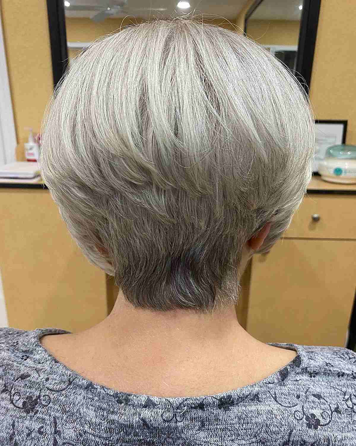 Short Silver-White Haircut with Stacked Layers for Old Ladies