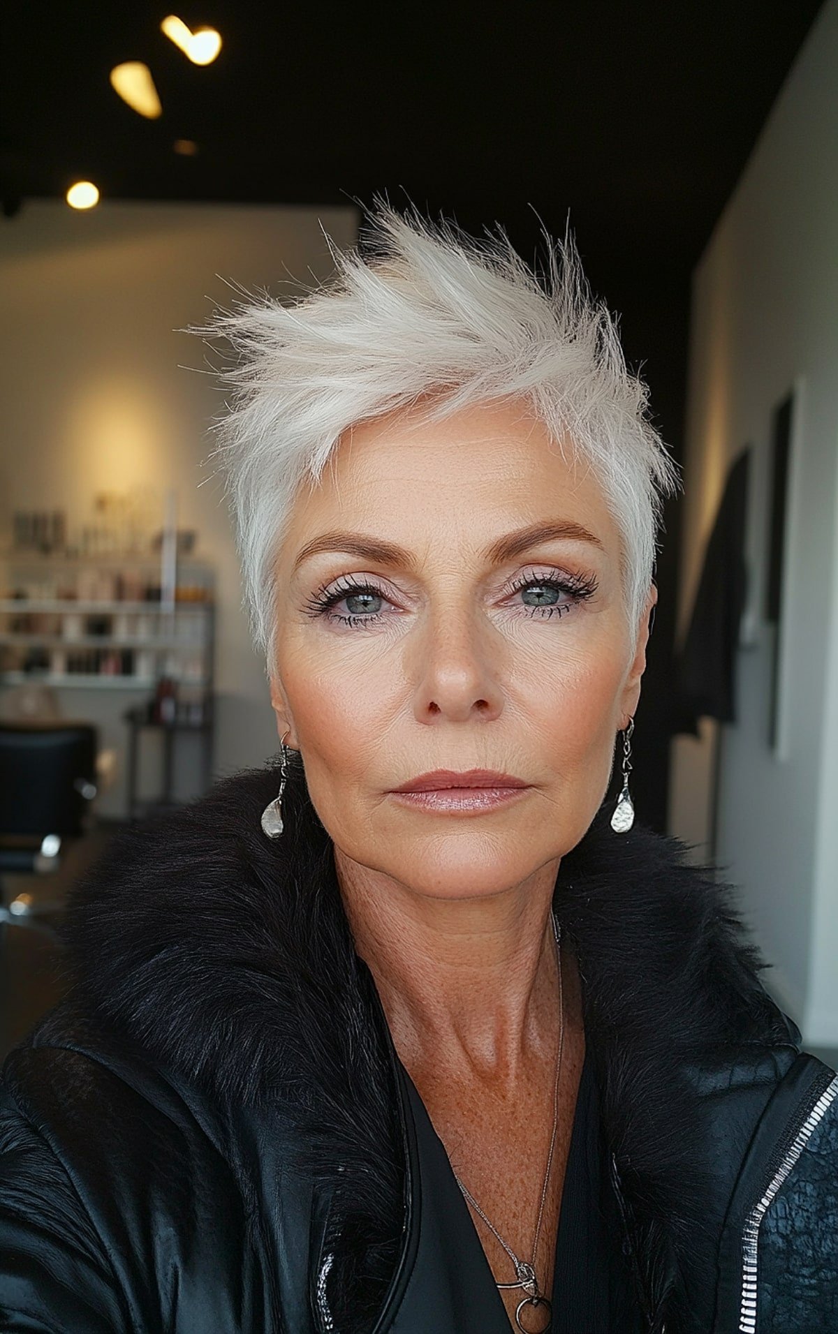 Edgy short spiked haircut with white color for older women